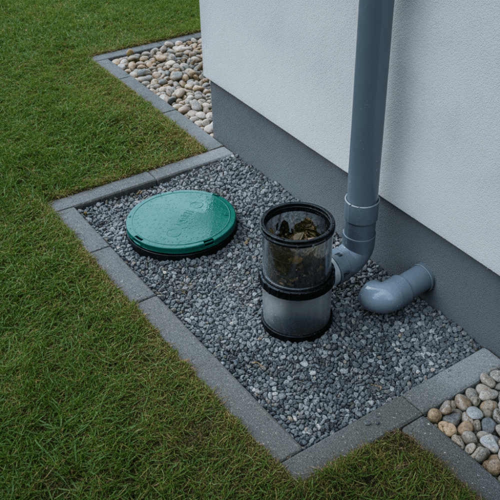 Installation complète de récupération d'eau de pluie avec cuve enterrée et système de filtration first flush